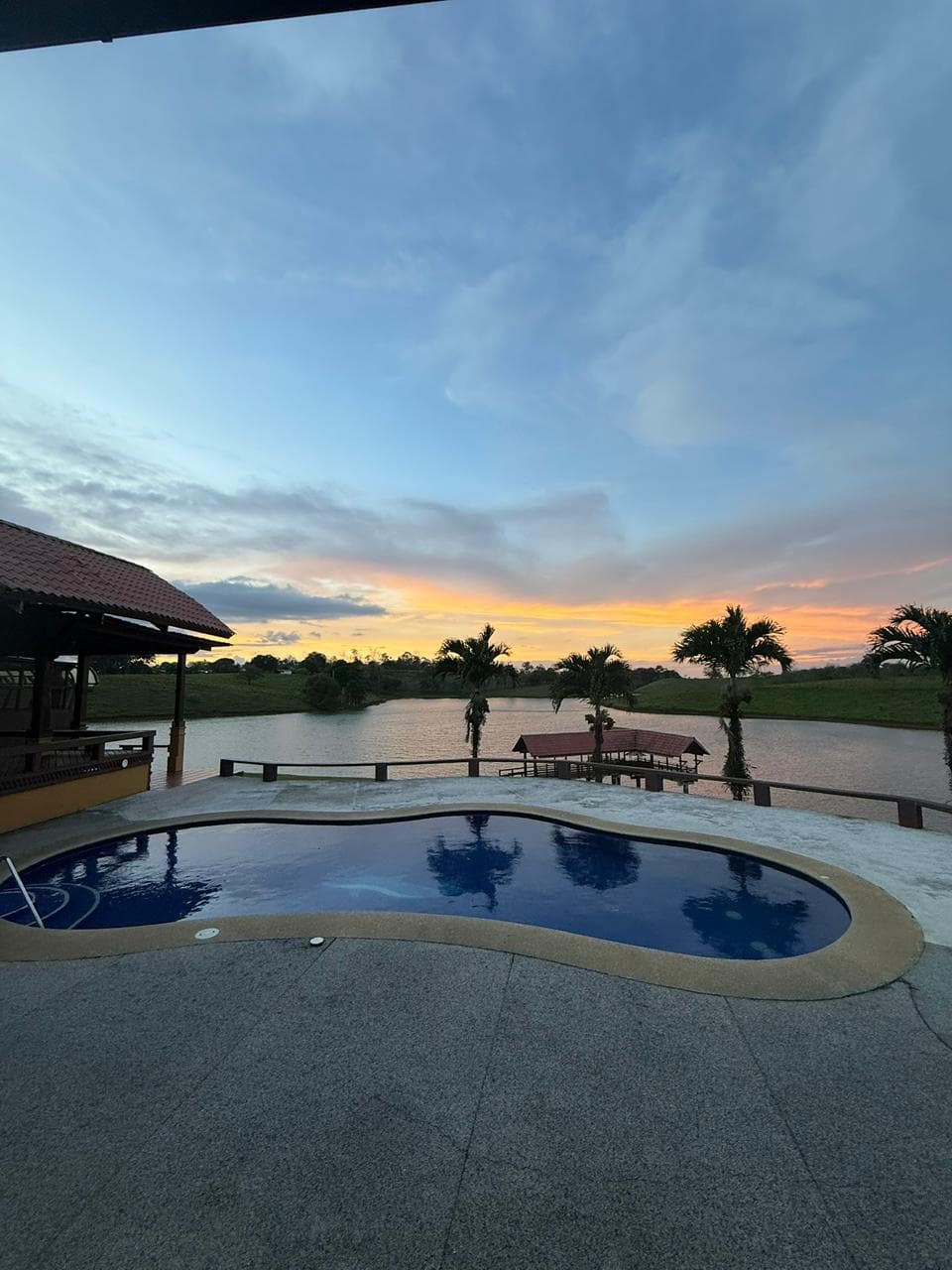 Piscina con vista al lago al atardecer y palmeras